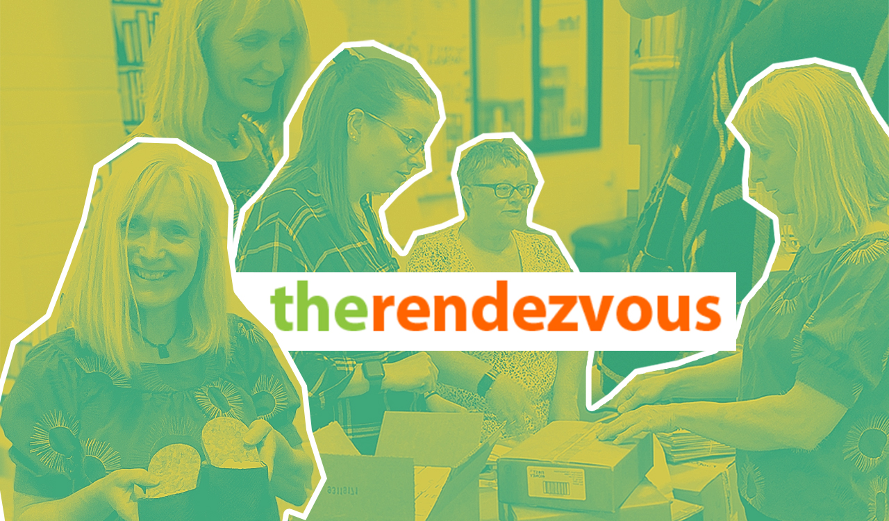 A gradient colour collage, with The Rendezvous charity name on top 