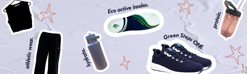 Image of a workout outfit, waterbottle, ECO Active Insoles, Green Steps ONE trainers, protein smoothie 